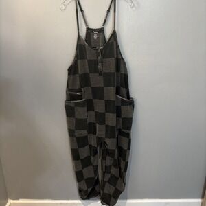 Rags Black Denim Check Pattern Tank Romper Jumpsuit Oversized Women's M Grunge